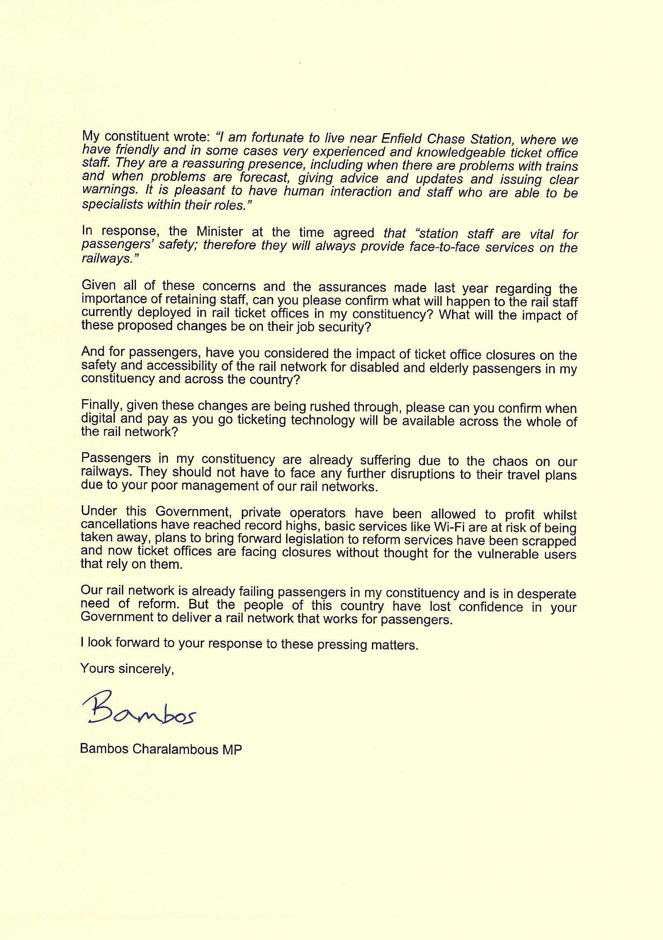Bambos Charalambous letter to Mark Harper about ticket office closures 2