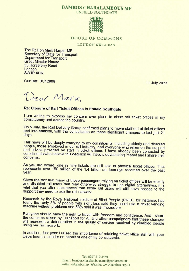 Bambos Charalambous letter to Mark Harper about ticket office closures