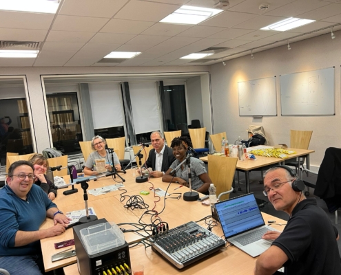 Bambos Charalambous MP pictured with volunteers recording the latest Enfield Talking Newspaper