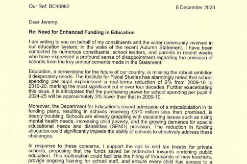 Bambos Charalambous MP letter schools funding 1