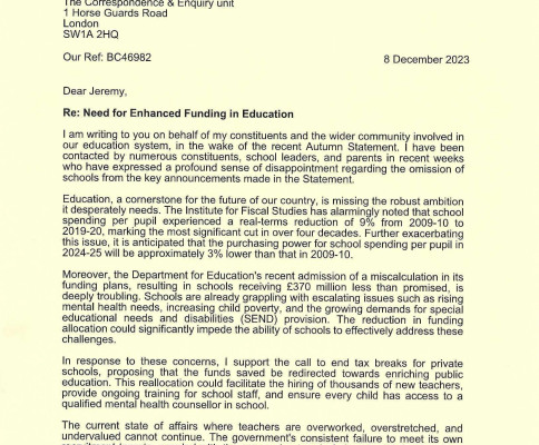 Bambos Charalambous MP letter schools funding 1