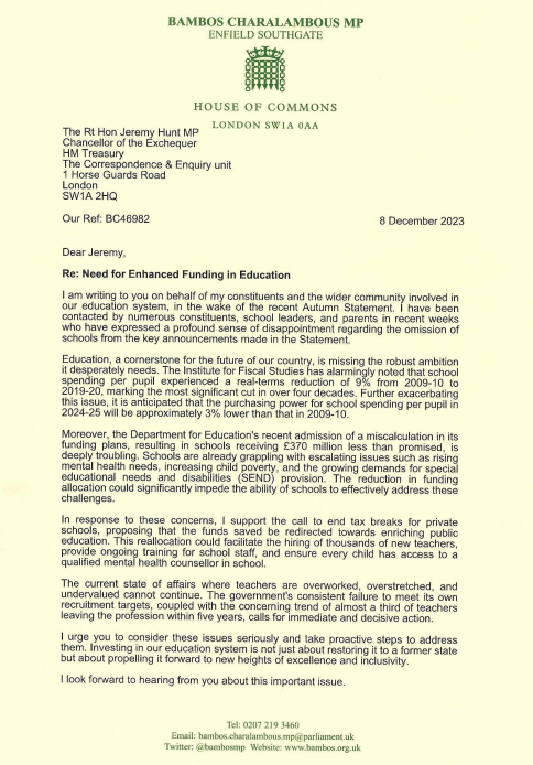Bambos Charalambous MP letter schools funding 1