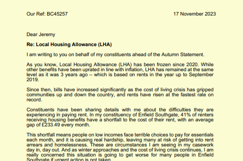 Bambos Charalambous MP letter to Chancellor first page on LHA
