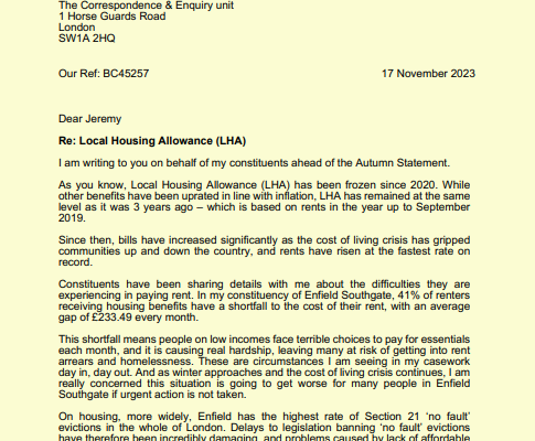 Bambos Charalambous MP letter to Chancellor first page on LHA