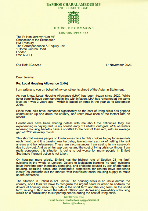 Bambos Charalambous MP letter to Chancellor first page on LHA